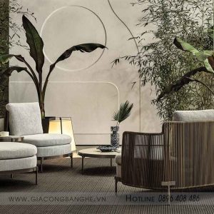 nội thất mây đan kết hợp với không gian cây xanh tạo cảm giác hòa quyện cùng thiên nhiên